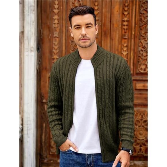 Men's Full Zip Cardigan Sweater Army Green - Picture 4 of 5